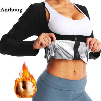 Aiithuug סאונה חליפות נשים לעיצוב הגוף 5XL שרוול ארוך חולצות חזה פתוח רוכסן הגוף מגבש את החולצה משקל אובדן שומן לשרוף מקסימום כושר