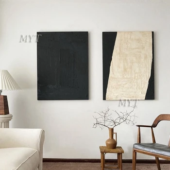 מרקם הציור ציור שמן על קנבס עבודת יד, שחור, בז ' בשילוב אומנות מודרנית דירה בר עיצוב ללא מסגרת