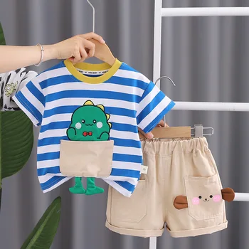 הקיץ התינוק בגדים 18 עד 24 חודשים מוסלין חליפה לילדים מצוירים פסים שרוול קצר חולצות, מכנסיים קצרים התינוק תלבושות