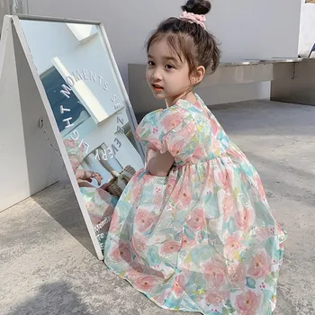 בגדי ילדים שמלה בנות הלבוש 2023 קיץ חדש קוריאני גרסה בסגנון המערבי פרח בועה שרוול שמלת נסיכה