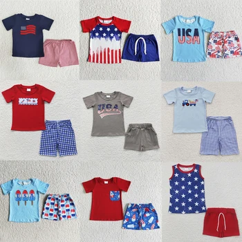 סיטונאי-4 ביולי דגל ילדים בקיץ להגדיר ילדים שרוול קצר חולצה כוכב פסים קצרים תינוק תלבושת של בגדים