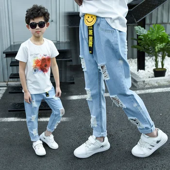 2023 קרע ג 'ינס לבנים מזדמנים מכנסיים ארוכים לבנים Distrressed ג' ינס אופנה מים שטף ג ' ינס מכנסיים הילד המכנסיים