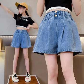 קיץ חדשה נערות אופנה ציצית קצרים עם שתי חור סגנון קוריאני כותנה בגדי ילדים בית ספר מקרית מוצק מכנסי ג ' ינס קצרים