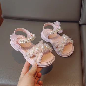 בנות סנדלי נסיכת נעלי הקיץ חדשות פרל תחרה קשת סנדלים תלמיד ילדים שטוח החלקה סנדלים נוחים H853