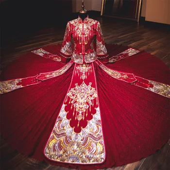 מזרחי רקמה הכלה תחפושת הזהב רקמה בסגנון מודרני-קלאסי שמלת החתונה Cheongsam סין צ ' יפאו הגומי для восточных