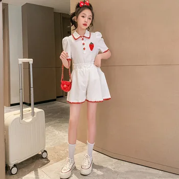 ילד בנות בגדי הקיץ הקוריאני מזדמן דש הדפסה קט עליון + אלסטי המותניים התחתונים 2pcs אופנה אופנת רחוב תלבושת להגדיר 4-14 Y