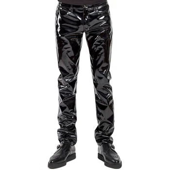 בתוספת גודל גברים סקסי שחור Wetlook דמוי עור הלבשה תחתונה אקזוטיים מכנסיים PU גומי Catsuit רוכסן PVC הבמה Clubwear הומו פטיש המכנסיים