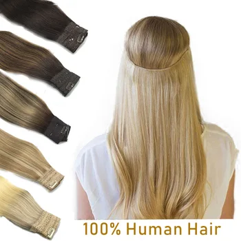 חוטים, שיער תוספות שיער אדם ישר דגים קו טבעי היתוך תוספות שיער עם קליפסים בכריכה תוספות שיער לנשים