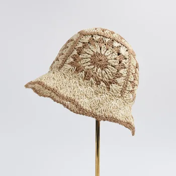 פפירוס יד וו פרח כובע קש נשי רטרו בסגנון אתני מצד שמש כובע קטן ברים מגן השמש קרם הגנה כובע
