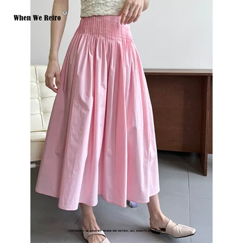 ורוד חצאיות קפלים לנשים אלסטיות גבוהה המותניים מוצק צבע מתוק קוריאנית קו-משרד ליידי רופף מידי חצאיות ארוכות RS874