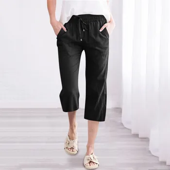 אופנה מזדמנים מכנסיים רחבים כותנה פשתן עגל-אורך המכנסיים נשים וינטאג ' אופנת רחוב גבוהה מותניים שרוך רחב הרגל מכנסיים