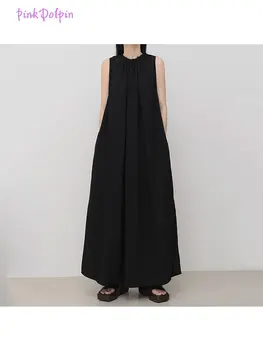 יפן בסגנון פשוט נשים ללא שרוולים צוואר עגול מוצק צבע שמלות 2023 קיץ מזדמן פשוט מתאים רופף פיג ' מה זמן להתלבש