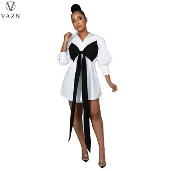 VAZN 2022 ההגירה שיפון חולצות מזדמנים מתוק חינם צעיר ליידי המשרד פתוח תפר הטבע מלא נשים שרוול ארוך קו-שמלה