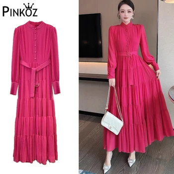 Pinkoz נשים מעצב כפתורים שיפון אביב סתיו שמלות מקסי גבוהה המותניים מפלגה שרוול ארוך אדום שמלה ארוכה עם חגורה vestidos