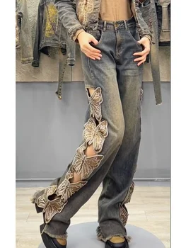 הקיץ Y2K אופנת רחוב Harajuku פרפר קישוט מכנסי ג 'ינס של נשים גבוהה המותניים רקמה רופפת ישר חור, קרע בג' ינס