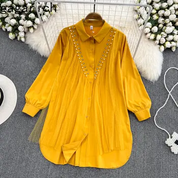 Gagarich לנשים שמלת החולצה 2023 סתיו סגנון קוריאני אופנה חופשי מזדמן טלאים רשת חרוזים מידי זמן החוץ החולצה העליון.