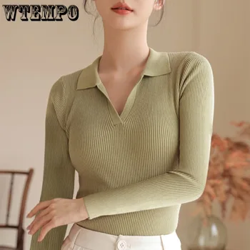ארוכות לסרוג חולצה פולו צוואר נשים מוצק צבע הסוודר העליון סלים מתאים בתחתית החולצה