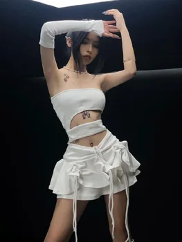 Y2k יפנית שרוך קפלי שמלת הצינור הכתף ללא שרוולים שמלה סקסית אסתטי מתוק 2023 ההגירה Vestido De Mujer + שרוול