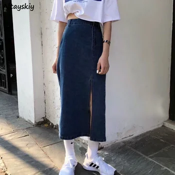 חצאיות נשים ג 'ינס ארוך כל-התאמה בסיסית אופנת רחוב צד לחתוך גבוהה המותניים רזה מכללה פופולרי האביב קוריאני סגנון וינטג' שיק