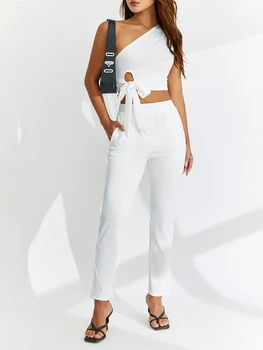 נשים קיץ תלבושת לבנה ללא שרוולים כתף אחת גג + גבוהה המותניים רגל ישרה המכנסיים 2 חתיכות להגדיר