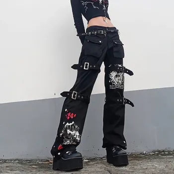 האמריקאי פאנק סגנון ג ' ינס שחור האישה הקיץ אופנת רחוב גרפיטי מכנסי חקי מתכת אבזם אופנה וינטג ישר התפרצה המכנסיים