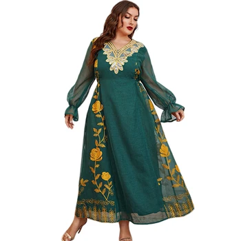 בתוספת נשים גודל שרוול ארוך מקסי שמלה רקמה, פרח Abaya דובאי, טורקיה Kaftan Ramdan כפיות גלימה חופשי החלוק המוסלמים שמלת