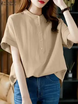 ZANZEA נשים קיץ, שרוול קצר חולצת וינטג כותנה החולצה 2023 מקרית מוצק לכפתר חולצה מקסימום המשרד Pullovers מנופחים
