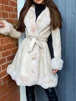 אלינה עור PU זמן מעילי נשים אופנה לקשור את חגורת המותניים מעילים נשים אלגנטי כיסי צד Faux פרווה ג ' קטים הנשי בנות