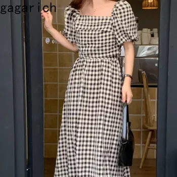 Gagarich קוריאני נשים אופנתיות קיץ חדש טרי מתוק פאף שרוול השמלה נישה יוקרתית הגיוני ללא משענת משבצות זמן Vestidos החלוק