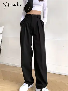 Yitimoky מזדמן חליפות המכנסיים לנשים 2022 חדש גבוהה המותניים אופנה קוריאנית רחב הרגל המכנסיים משרד גבירותיי מנופחים ישר מכנסיים