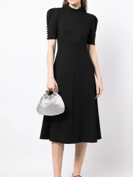 נשים במשרד אופנה שמלה אלגנטית שמלת הקיץ חצי צווארון גבוה שמלות שחורות בציר קפלי פאף שרוול מילה בגדים
