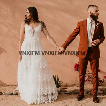 שכבות תחרה ללא שרוולים רצועות ספגטי שמלת כלה בוהו החוף V צוואר מחשוף גב אורך רצפת שמלת החתונה 2022