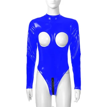 חדש לטקס Wetlook מעור Bodycon בגד גוף שרוול ארוך למתוח PVC חזה פתוח סקסי בגד גוף חם ארוטי חליפת סרבל S-7XL