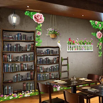 beibehang 3d גדול מדף הספרים סטריאו פסטורלי ציורי קיר נושא מסעדה במלון טרקלין קפה מותאם אישית רקע טפט קיר נייר