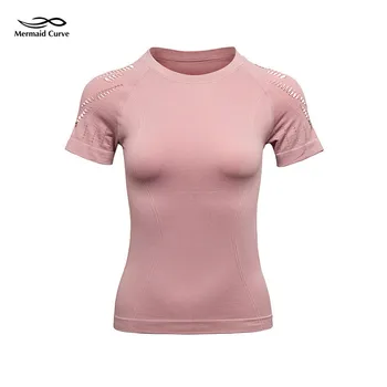 אביב קיץ ספורט חולצות חלול נשים אימון העליון חלקה כושר יוגה העליון פועל לנשימה שרוול קצר חזק חולצות