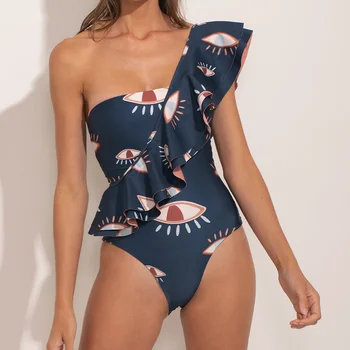 הדפס כחול פרע אחת כתף בגדי ים מקשה אחת גבוהה המותניים אופנה, ביקיני סקסי ללא משענת Sseamless תפרים Beachwear 2023