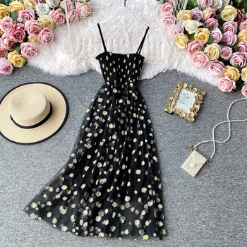 אופנה קוריאנית דייזי פרח הדפס רשת השמלה 2023 הקיץ שתי שכבות ספגטי רצועת חופשה Midi שמלה החוף Vestidos