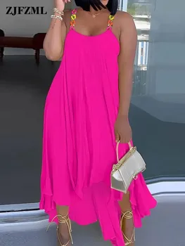 ייחודי בוהמי סימטרית גולש שולי שמלת מקסי נשים קיץ ספגטי רצועת שרוולים מתאים רופף החלוק הנשי בגדים Vestido
