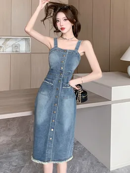 SMTHMA קיץ חדש עיצוב אופנה אמצע אורך שמלת ג ' ינס נשים ספגטי רצועה אחת עם חזה קוריאנית מזג שמלות Vestido
