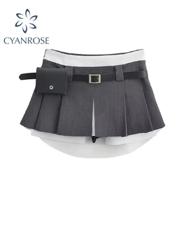 נשים חצאיות קפלים אפור בציר הנשי אופנת רחוב קוריאני גבוהה המותניים אופנה Y2k E-ילדה קו שחור חצאית מיני מכנסיים קצרים בקיץ
