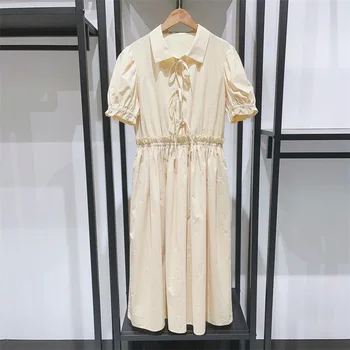 2023 שמלת הקיץ Bowknot לקשור פאף שרוול בצבע אחיד נשים מתלבשות.