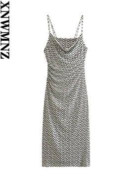 XNWMNZ נשים אופנה חדש עטוף מחשוף שמלת אישה חופשה בסגנון דק רצועות כפולות סלים נקבה שיק שמלות Midi
