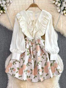 אביב חדש רטרו אקארד טלאים קצר שמלות עבור נשים מתוק פרח רקמה, חרוזים שרוול ארוך קפלים סלים מיני שמלה