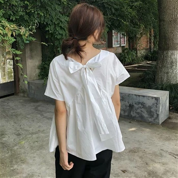 חולצות נשים מוצק לבן שיק מינימליסטי חזרה קשת שרוכים עיצוב גבירותיי בגדי קוריאנית אופנתי שרוול קצר בקיץ כל-התאמה העליון