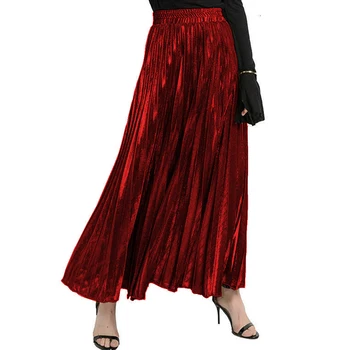 נשים וינטאג ' עם קפלים החצאית הארוכה הנשי קוריאני מזדמן חצאיות מתכתי מבריק ברק רחוב סגנון אופנה מוצק קו חצאית מידי