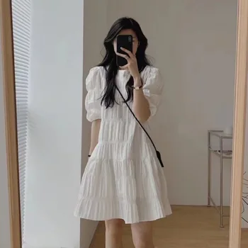 נשים שמלה לבנה שמלת קיץ אלגנטי שרוול קצר שמלת אישה מקרית 2023 חתיכה אחת שמלה קוריאנית אופנה אופנת רחוב