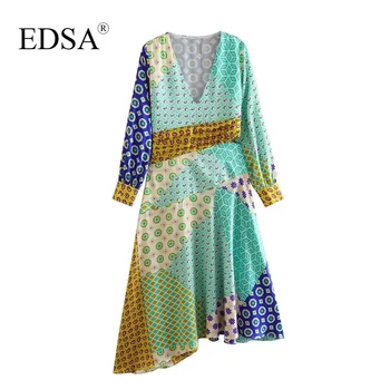 EDSA נשים אופנה טלאים מודפס Midi שמלה V-צוואר ארוך שרוולים מכופתרים אסף במותן בצד שסף אסימטרי מכפלת שמלות