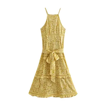 LOLIBOOK קיץ חדש לנשים מוצק אלגנטי תחרה שמלת ליידי משרד שיפון צהובה שמלת הקולר