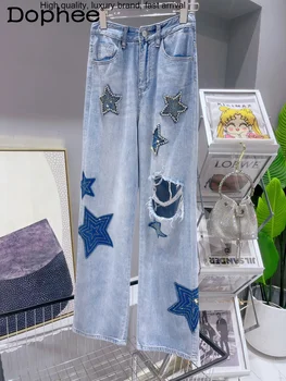 ריינסטון כוכבים מעולה קרע ג 'ינס של נשים גבוהה המותניים ישר סמרטוט כחול בהיר מכנסי ג' ינס 2023 קיץ חדש ארוך מכנסיים