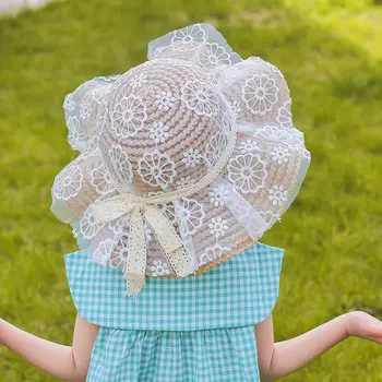 ילדים בקיץ כובע קש בשביל ילדה תינוק גדול תחרה רחב שוליים להגנה חוף כובע לילדים פלופי דלי קאפ